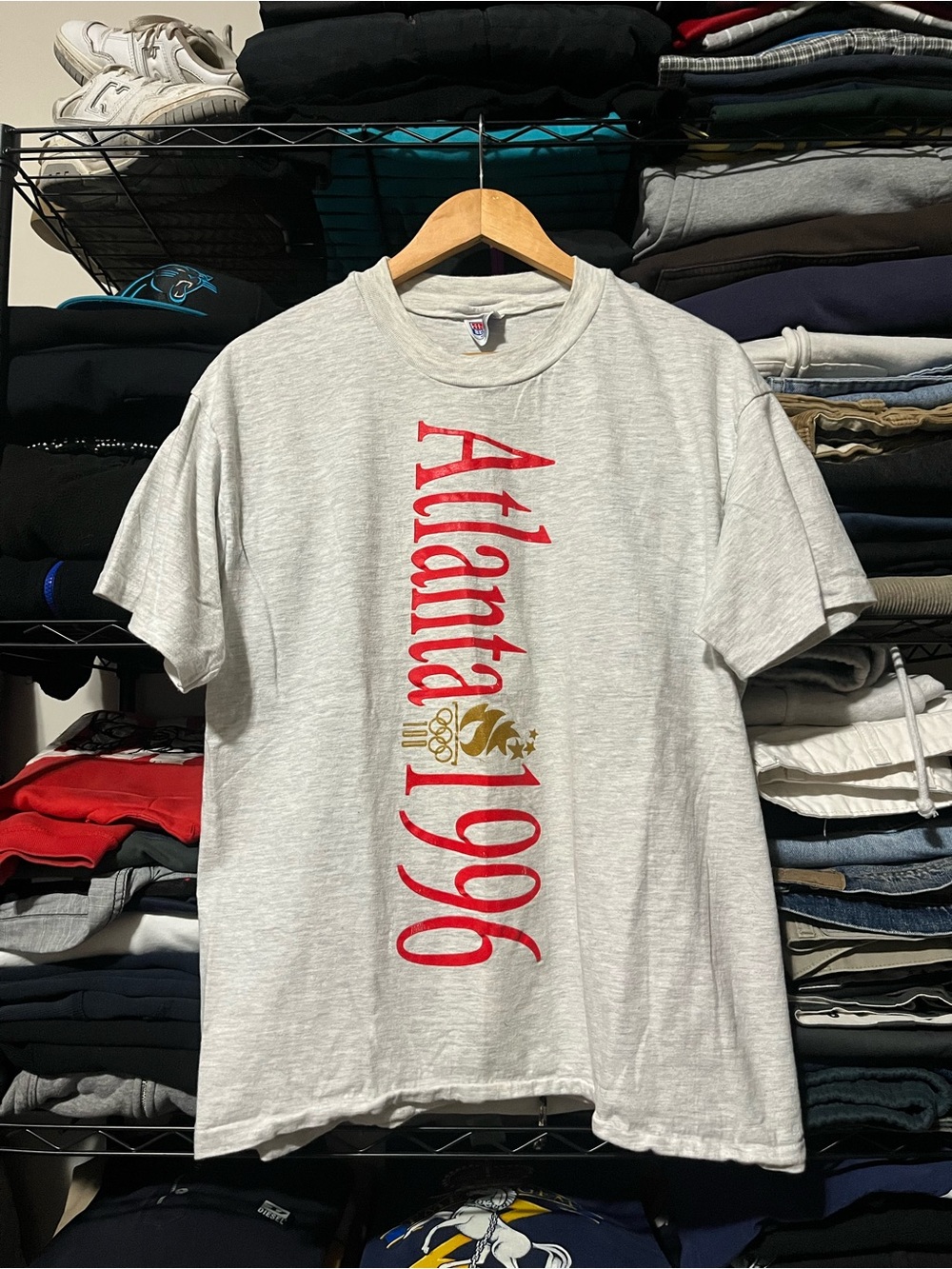Vintage Hanes Light Gray Atlanta 1996 Graphic Tee with Red and Gold Print